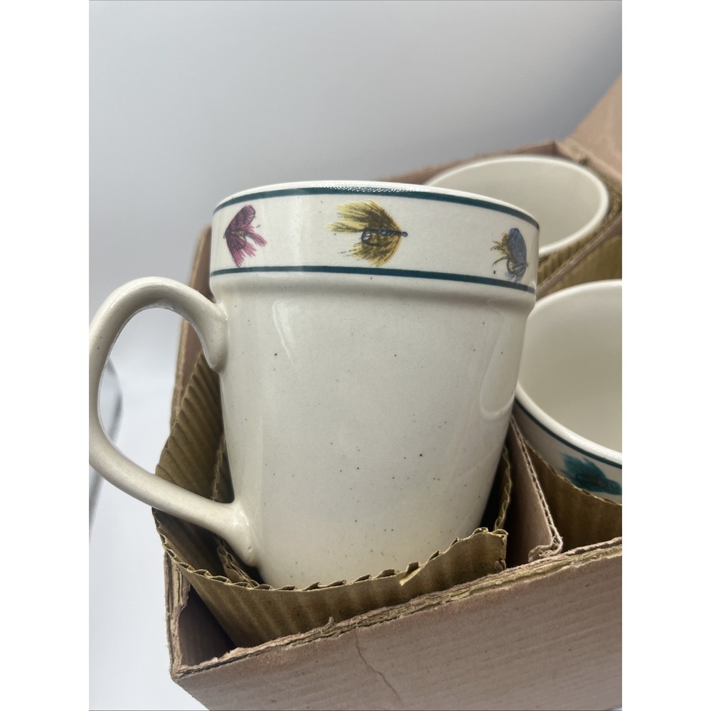 Jolncraft Stoneware Rainbow Trout Mugs Bennett's Fishing Fly Lure Set of 4 Cream
